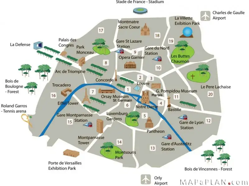 Paris top tourist attractions detailed map